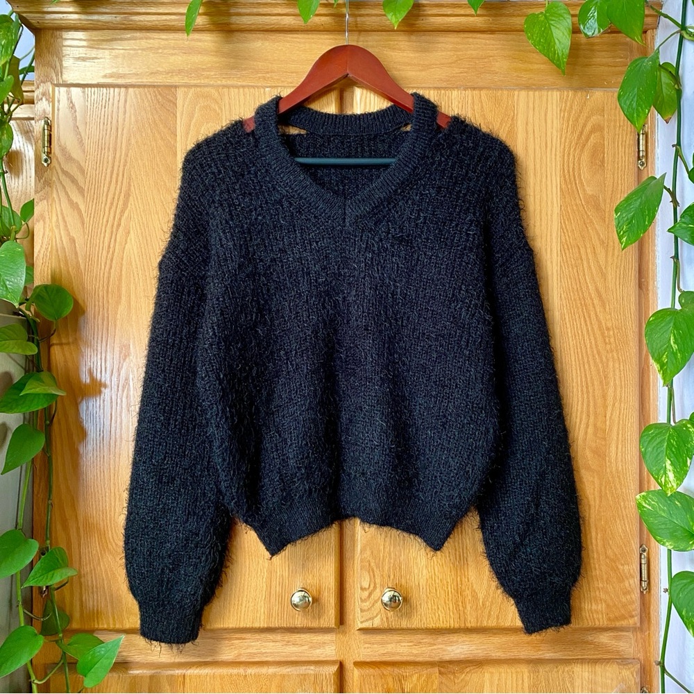 Korean Black Fuzzy and Soft Sweater with Shoulder Cut-outs